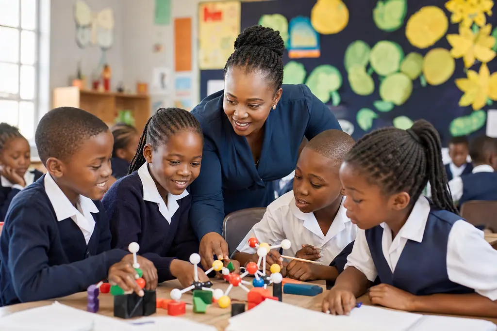 A teacher helping learners with a classroom activity