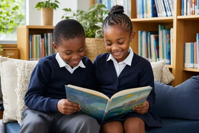Two primary school learners reading a book together